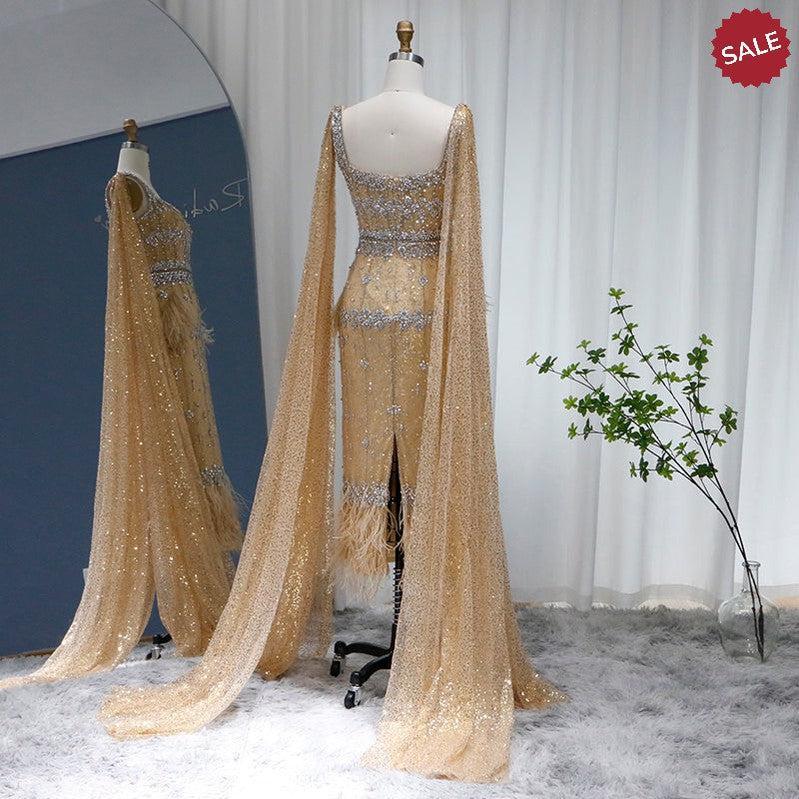 Bling Gray Mermaid Arabic Evening Dress with Cape Luxury Feather Dubai Formal Dresses for Women Wedding Party SS279