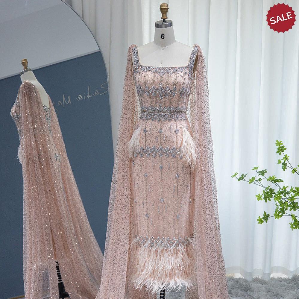 Bling Gray Mermaid Arabic Evening Dress with Cape Luxury Feather Dubai Formal Dresses for Women Wedding Party SS279