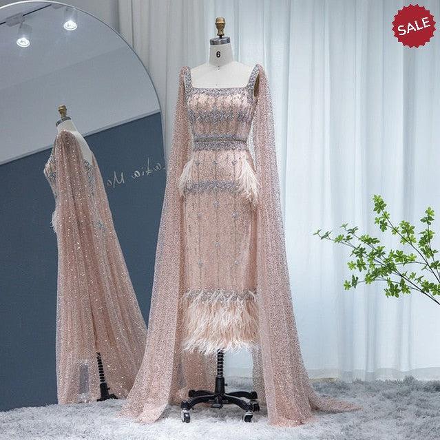 Bling Gray Mermaid Arabic Evening Dress with Cape Luxury Feather Dubai Formal Dresses for Women Wedding Party SS279