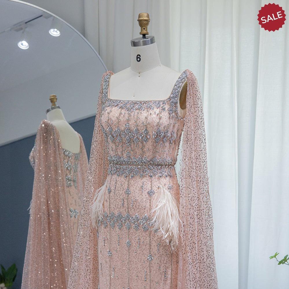Bling Gray Mermaid Arabic Evening Dress with Cape Luxury Feather Dubai Formal Dresses for Women Wedding Party SS279