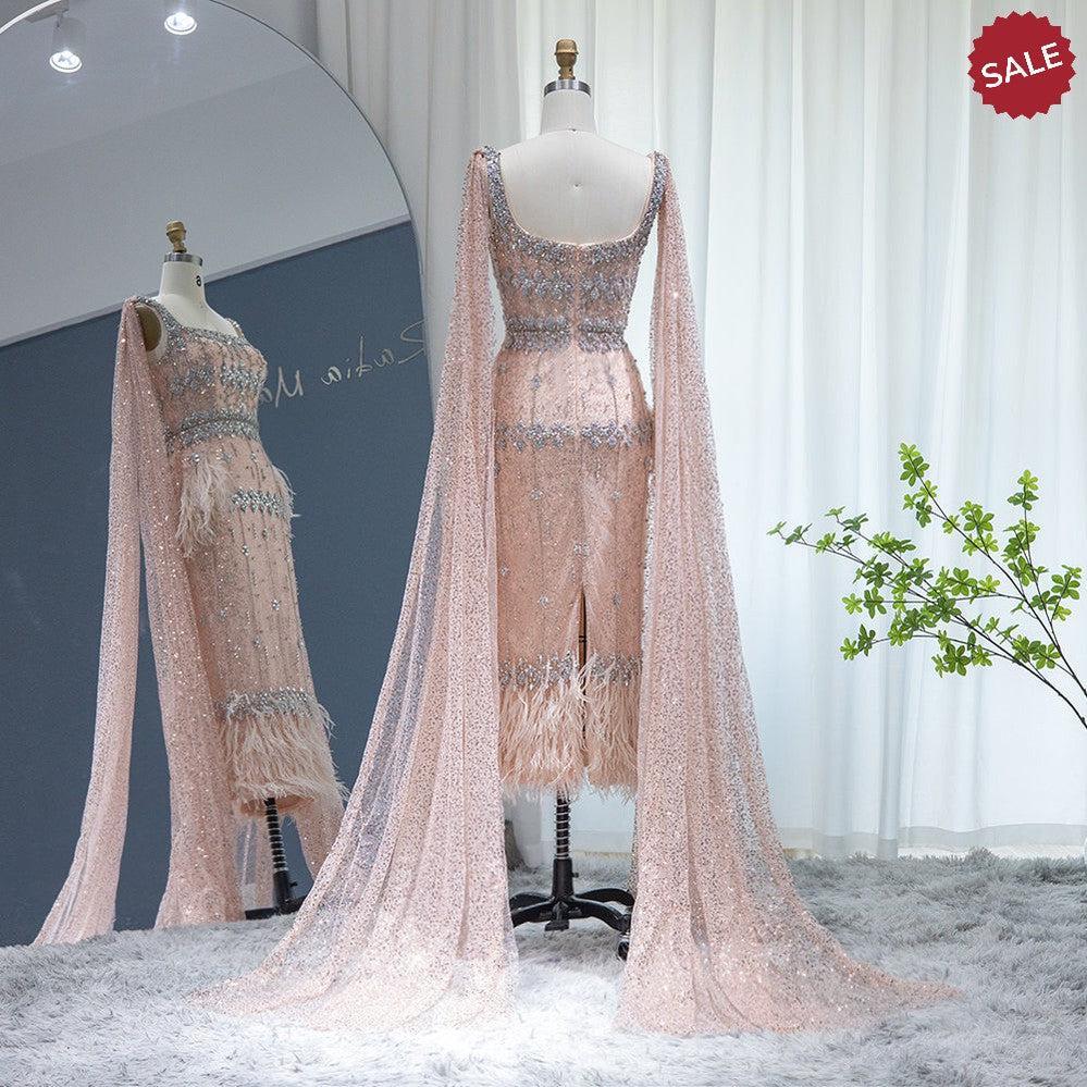 Bling Gray Mermaid Arabic Evening Dress with Cape Luxury Feather Dubai Formal Dresses for Women Wedding Party SS279
