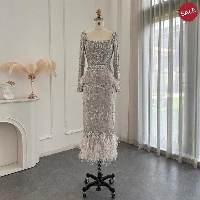 Bling Gray Mermaid Arabic Evening Dress with Cape Luxury Feather Dubai Formal Dresses for Women Wedding Party SS279