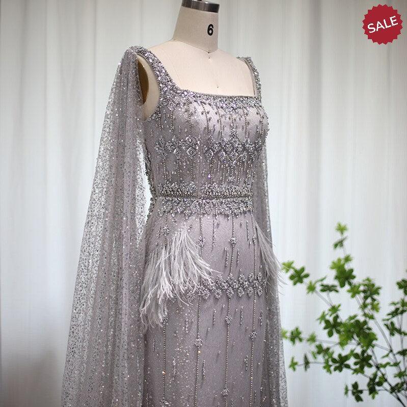 Bling Gray Mermaid Arabic Evening Dress with Cape Luxury Feather Dubai Formal Dresses for Women Wedding Party SS279