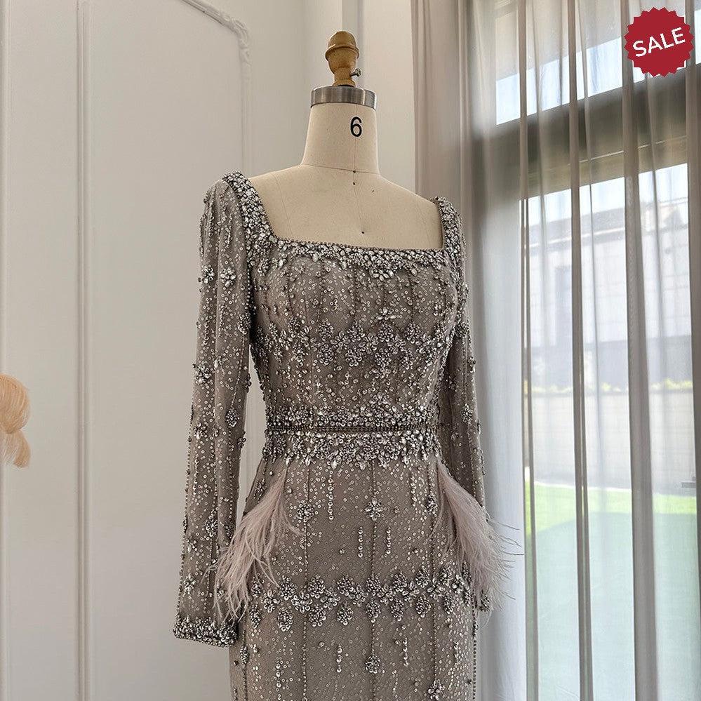 Bling Gray Mermaid Arabic Evening Dress with Cape Luxury Feather Dubai Formal Dresses for Women Wedding Party SS279