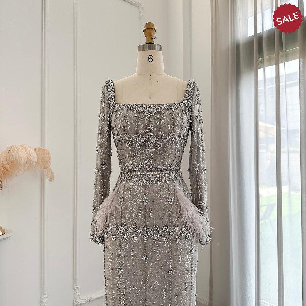 Bling Gray Mermaid Arabic Evening Dress with Cape Luxury Feather Dubai Formal Dresses for Women Wedding Party SS279
