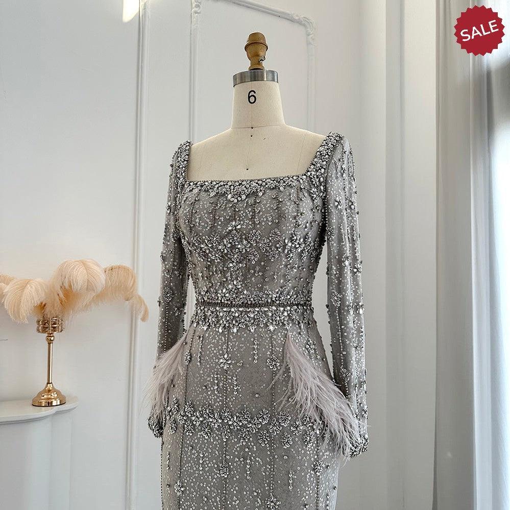 Bling Gray Mermaid Arabic Evening Dress with Cape Luxury Feather Dubai Formal Dresses for Women Wedding Party SS279