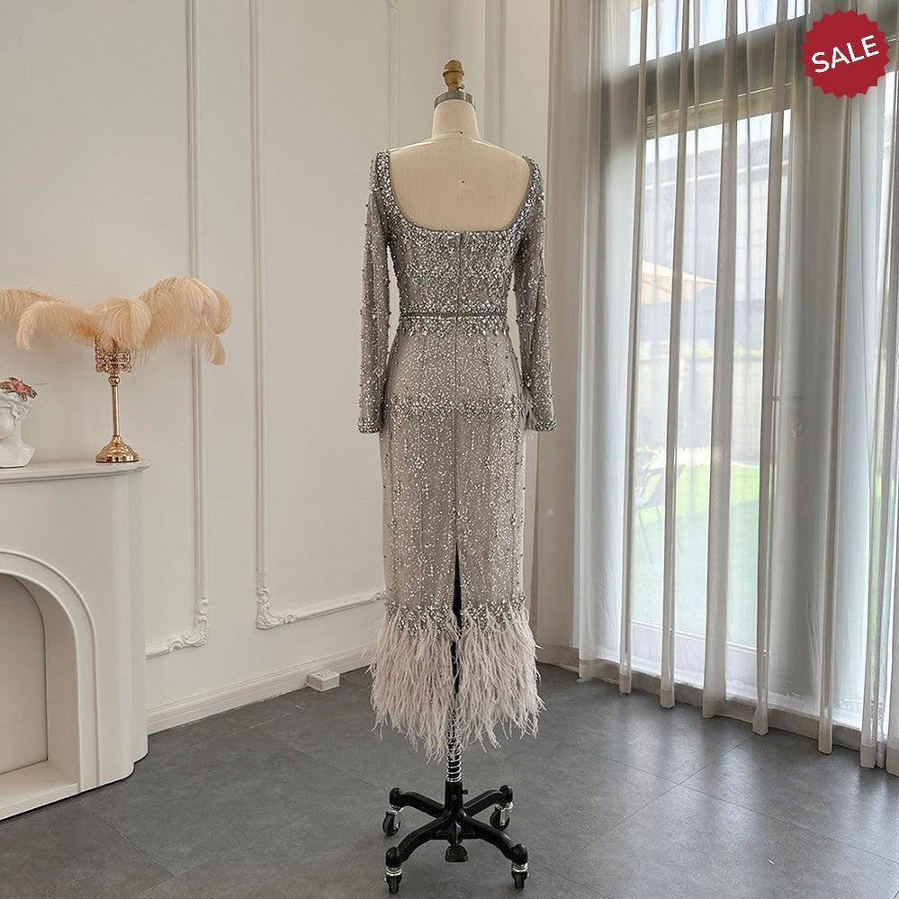 Bling Gray Mermaid Arabic Evening Dress with Cape Luxury Feather Dubai Formal Dresses for Women Wedding Party SS279