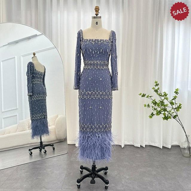 Bling Gray Mermaid Arabic Evening Dress with Cape Luxury Feather Dubai Formal Dresses for Women Wedding Party SS279