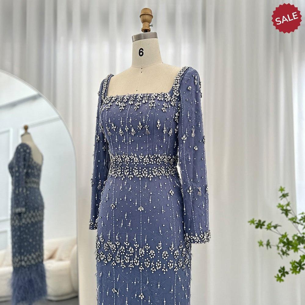 Bling Gray Mermaid Arabic Evening Dress with Cape Luxury Feather Dubai Formal Dresses for Women Wedding Party SS279