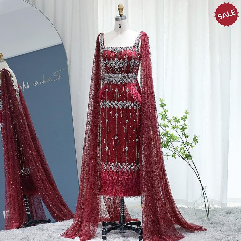 Bling Gray Mermaid Arabic Evening Dress with Cape Luxury Feather Dubai Formal Dresses for Women Wedding Party SS279