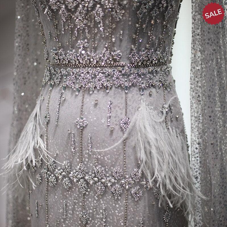 Bling Gray Mermaid Arabic Evening Dress with Cape Luxury Feather Dubai Formal Dresses for Women Wedding Party SS279