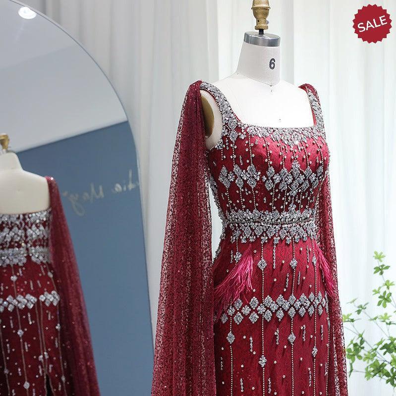 Bling Gray Mermaid Arabic Evening Dress with Cape Luxury Feather Dubai Formal Dresses for Women Wedding Party SS279
