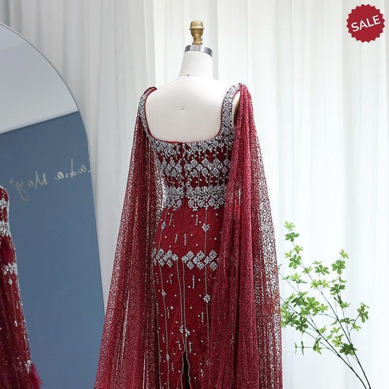 Bling Gray Mermaid Arabic Evening Dress with Cape Luxury Feather Dubai Formal Dresses for Women Wedding Party SS279