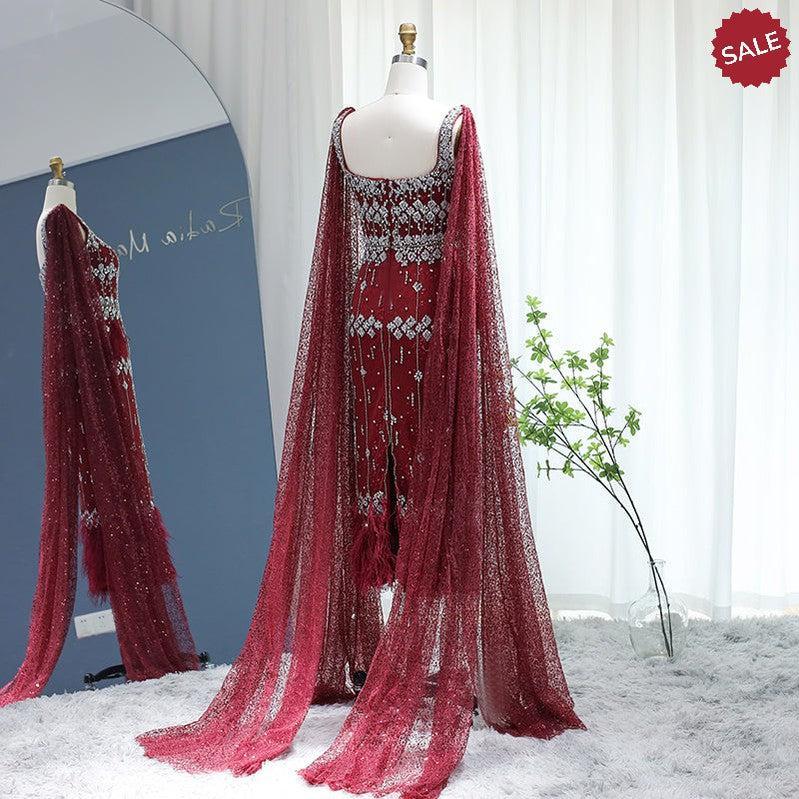 Bling Gray Mermaid Arabic Evening Dress with Cape Luxury Feather Dubai Formal Dresses for Women Wedding Party SS279