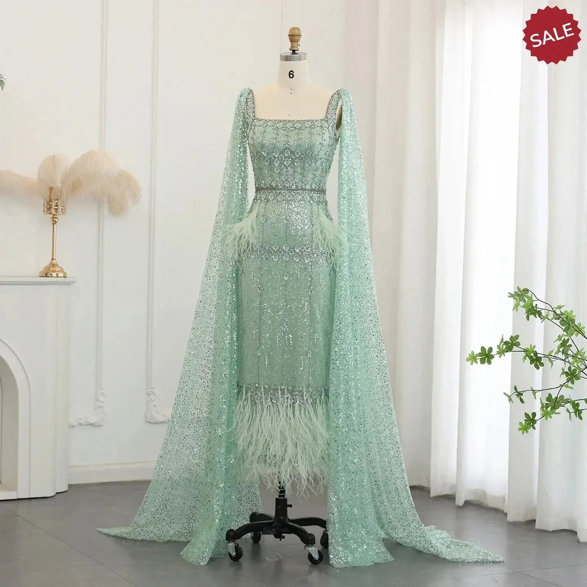 Bling Gray Mermaid Arabic Evening Dress with Cape Luxury Feather Dubai Formal Dresses for Women Wedding Party SS279
