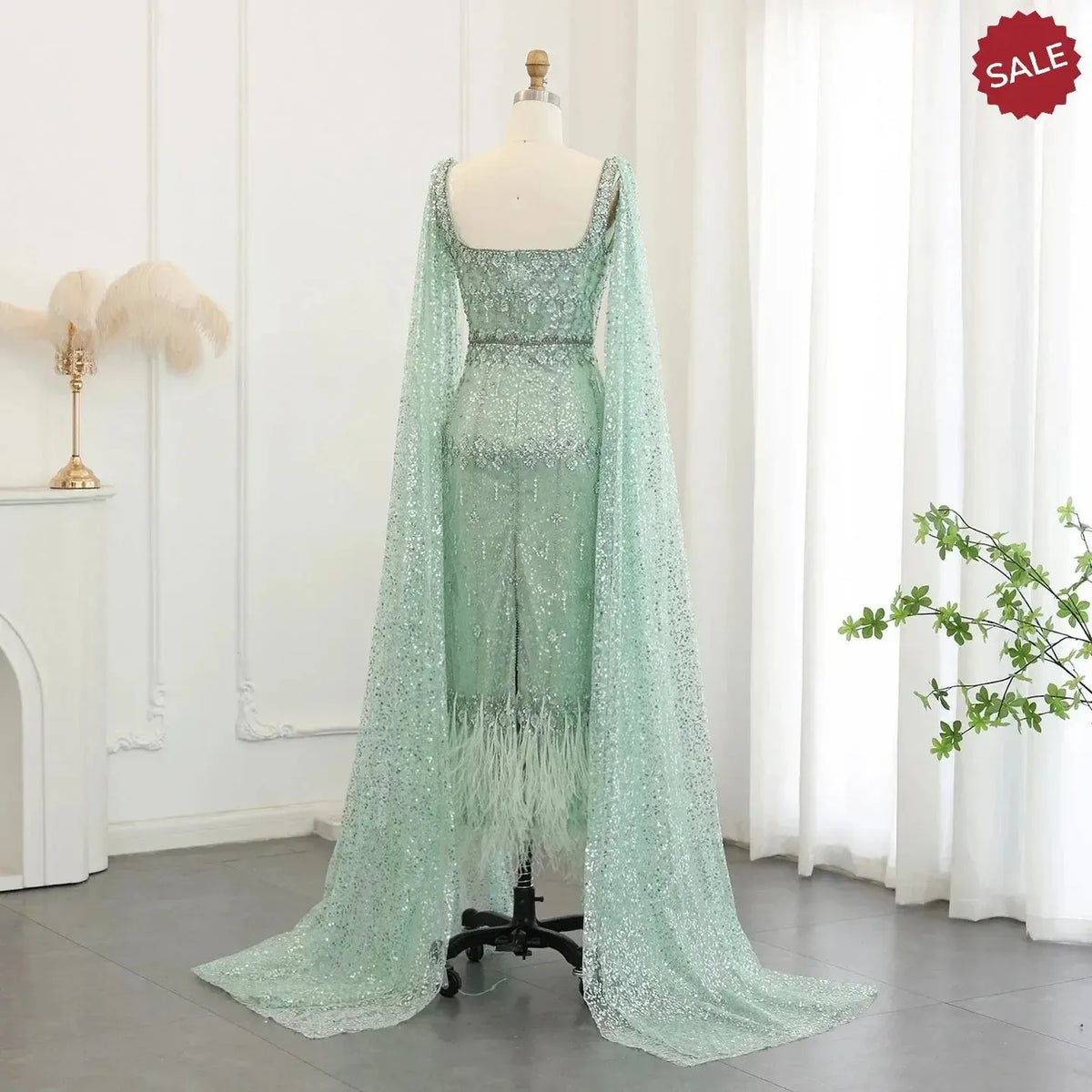 Bling Gray Mermaid Arabic Evening Dress with Cape Luxury Feather Dubai Formal Dresses for Women Wedding Party SS279
