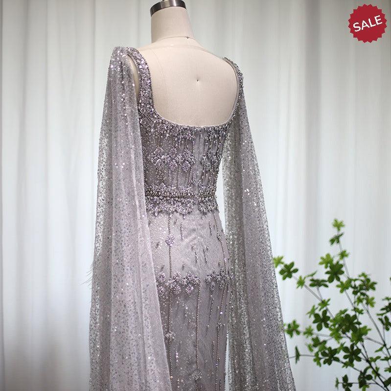 Bling Gray Mermaid Arabic Evening Dress with Cape Luxury Feather Dubai Formal Dresses for Women Wedding Party SS279