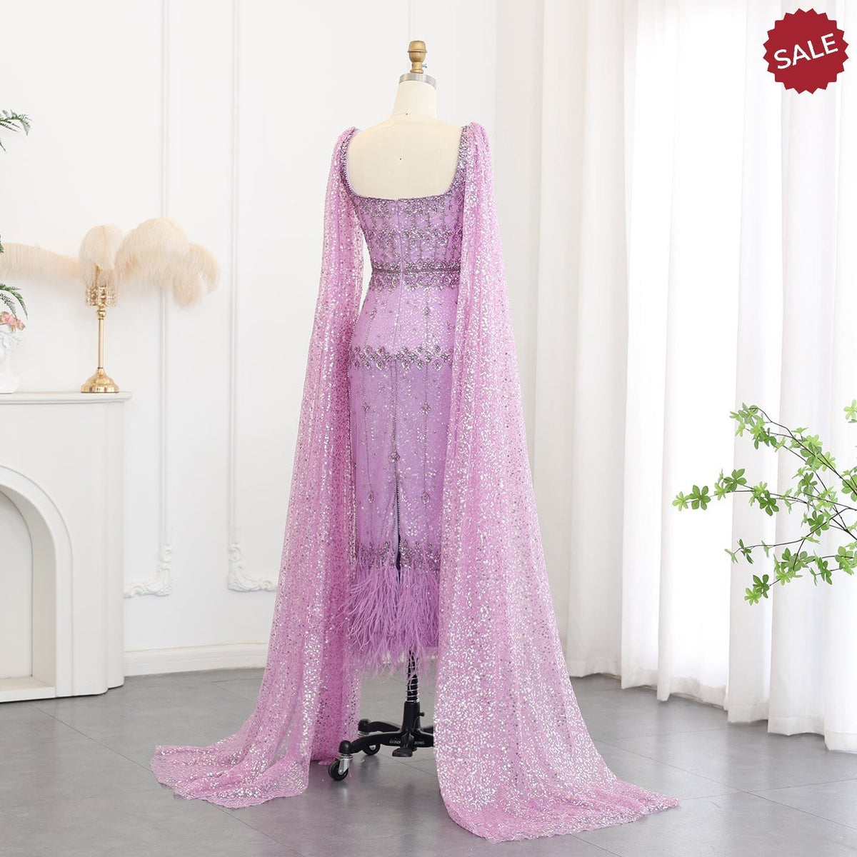 Bling Gray Mermaid Arabic Evening Dress with Cape Luxury Feather Dubai Formal Dresses for Women Wedding Party SS279