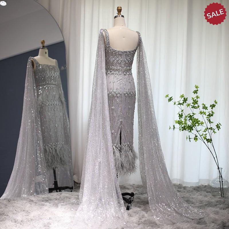 Bling Gray Mermaid Arabic Evening Dress with Cape Luxury Feather Dubai Formal Dresses for Women Wedding Party SS279