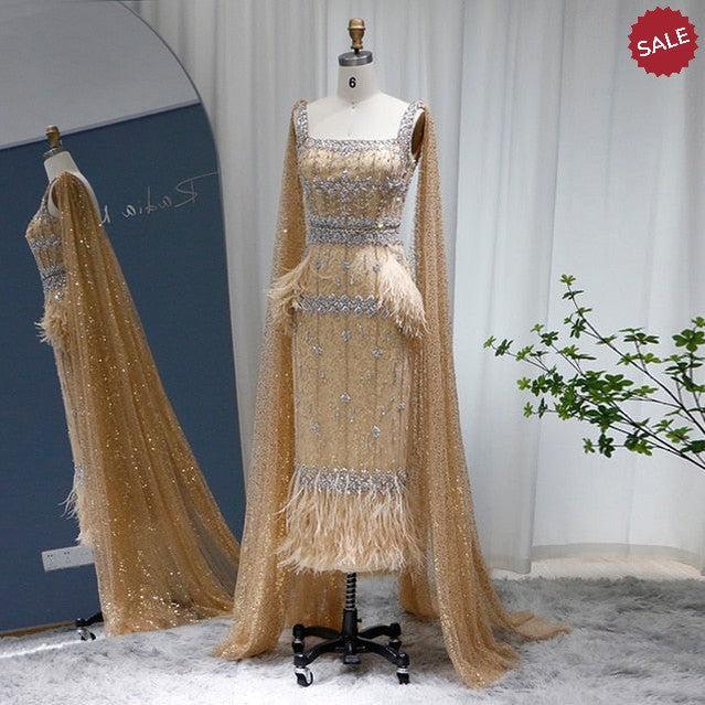 Bling Gray Mermaid Arabic Evening Dress with Cape Luxury Feather Dubai Formal Dresses for Women Wedding Party SS279