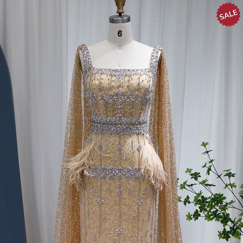 Bling Gray Mermaid Arabic Evening Dress with Cape Luxury Feather Dubai Formal Dresses for Women Wedding Party SS279