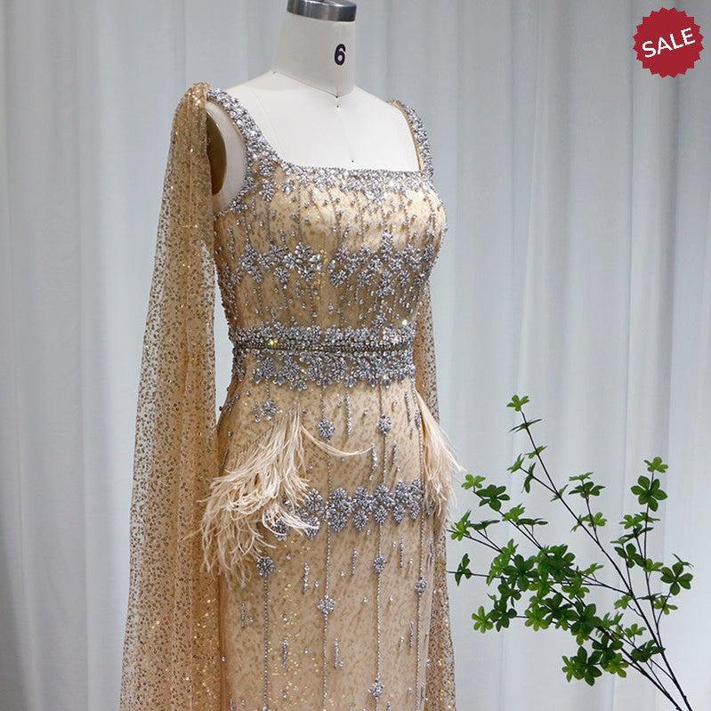 Bling Gray Mermaid Arabic Evening Dress with Cape Luxury Feather Dubai Formal Dresses for Women Wedding Party SS279