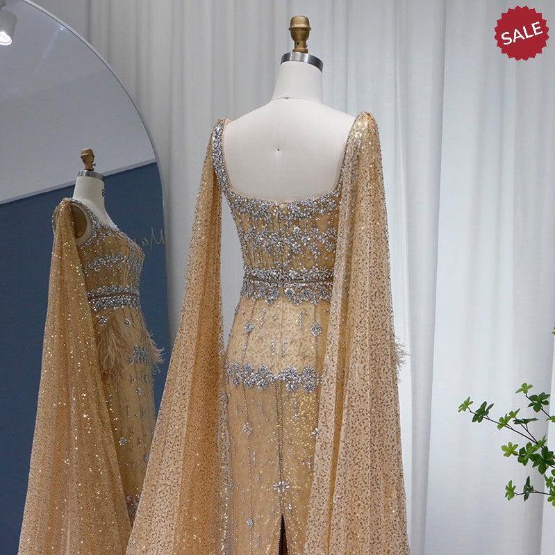 Bling Gray Mermaid Arabic Evening Dress with Cape Luxury Feather Dubai Formal Dresses for Women Wedding Party SS279