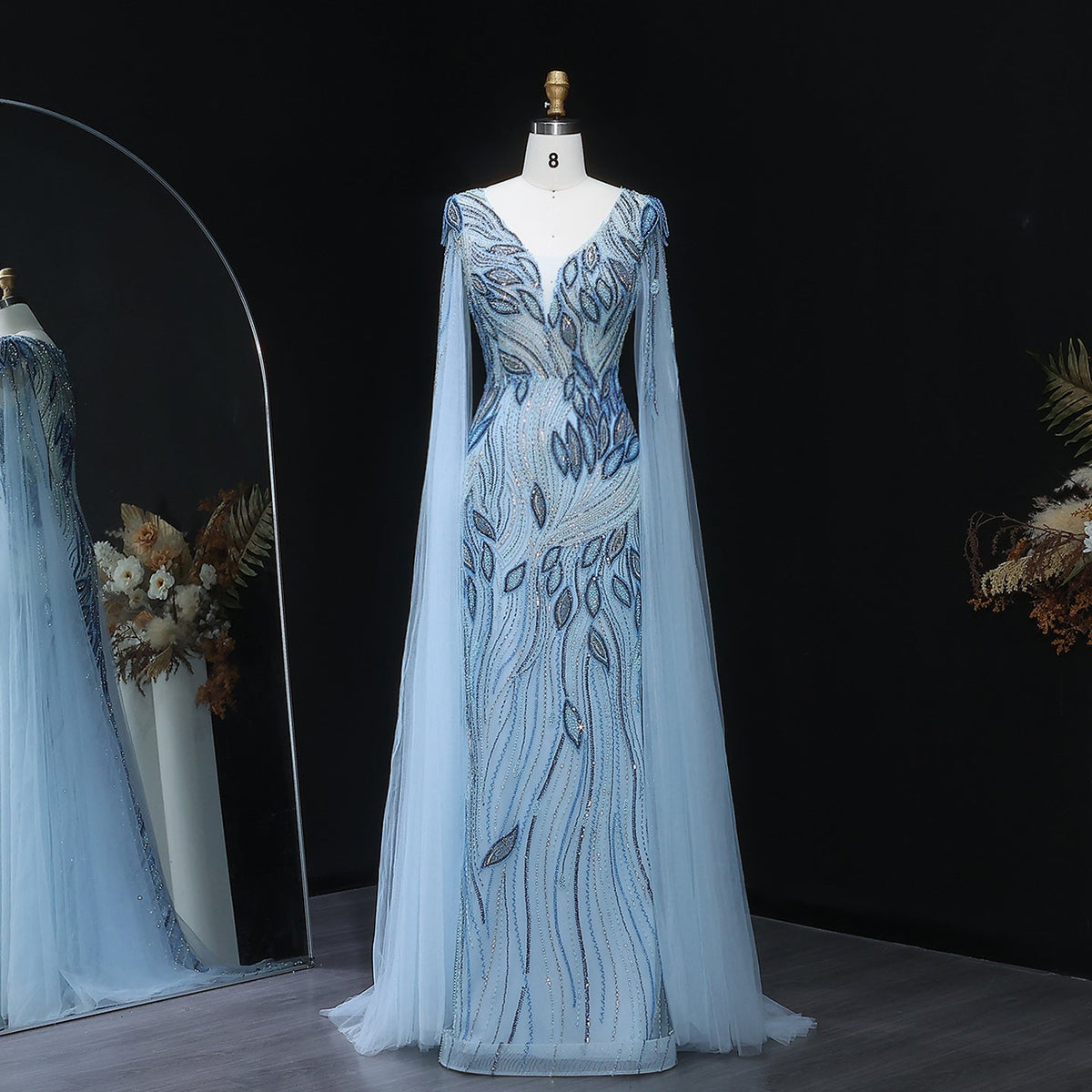 Elegant Beaded Blue Evening Dress with Cape Sleeves SS037
