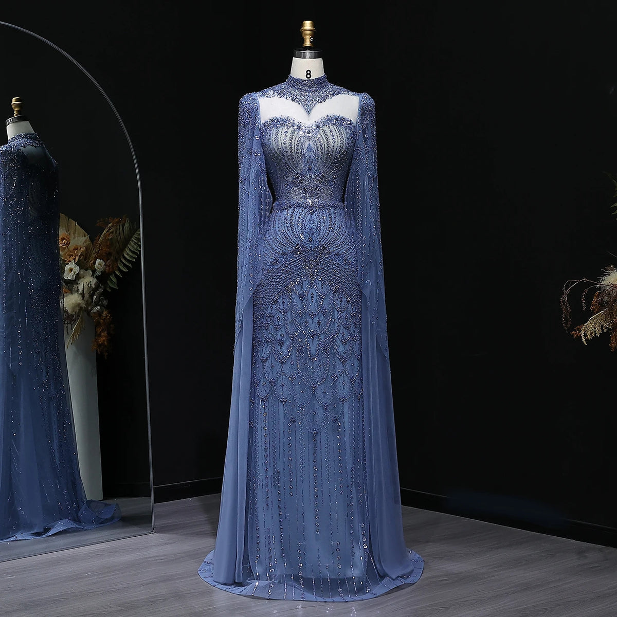 Sparkling Blue Cape Beaded Evening Dress SS079