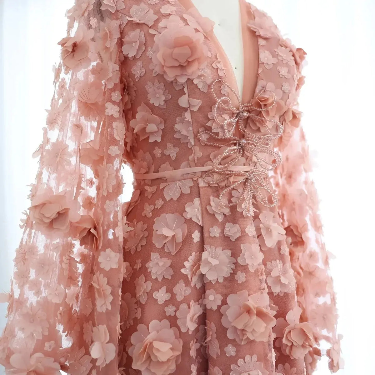 Blush Peach-Pink 3D Flowers Evening Dresses with Bell Long Sleeves V-Neck Arabic Wedding Party Birthday Gowns SS295