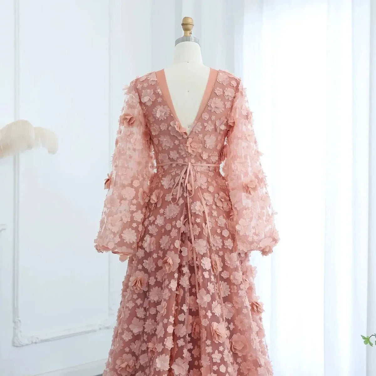 Blush Peach-Pink 3D Flowers Evening Dresses with Bell Long Sleeves V-Neck Arabic Wedding Party Birthday Gowns SS295