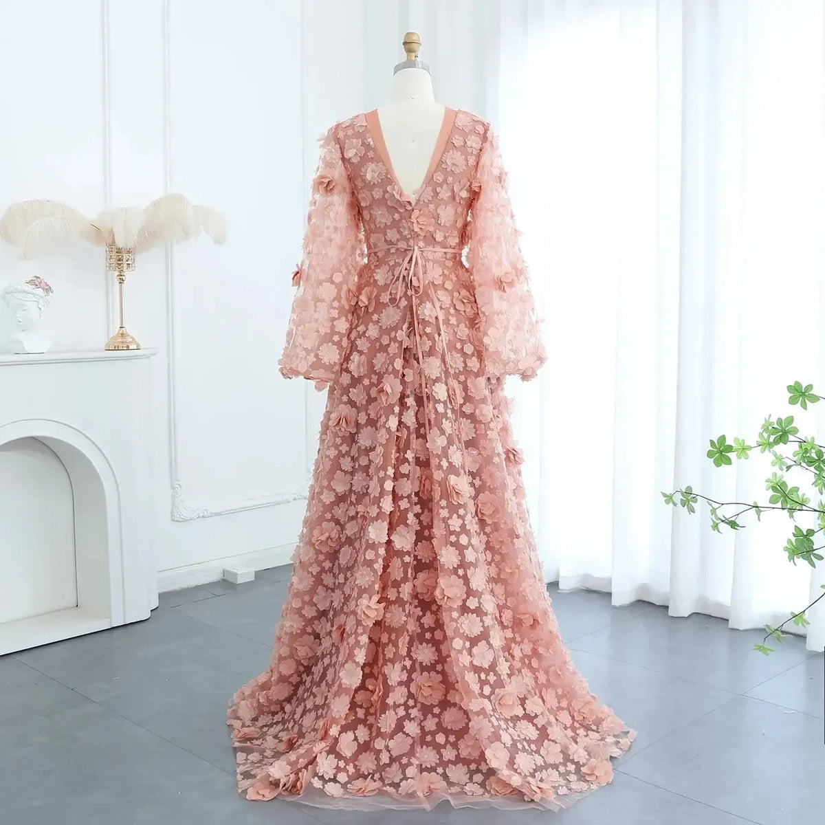 Blush Peach-Pink 3D Flowers Evening Dresses with Bell Long Sleeves V-Neck Arabic Wedding Party Birthday Gowns SS295