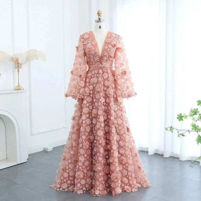 Blush Peach-Pink 3D Flowers Evening Dresses with Bell Long Sleeves V-Neck Arabic Wedding Party Birthday Gowns SS295