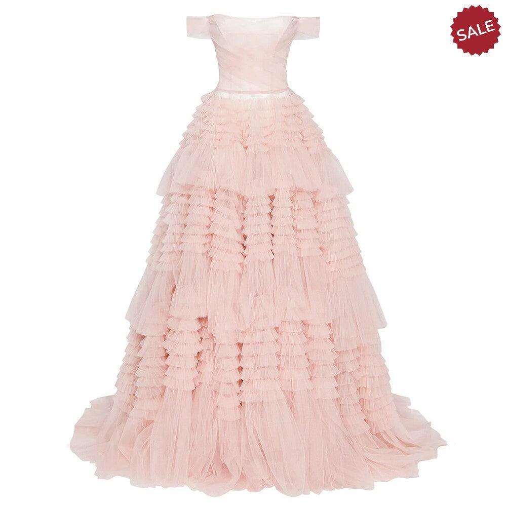 Blush Pink Off Shoulder Ruffles Evening Dress for Women Wedding Elegant Tiered Ball Gown Prom Party Desses SF087