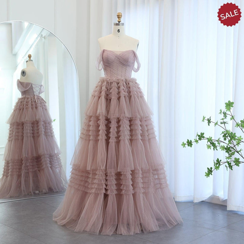 Blush Pink Off Shoulder Ruffles Evening Dress for Women Wedding Elegant Tiered Ball Gown Prom Party Desses SF087