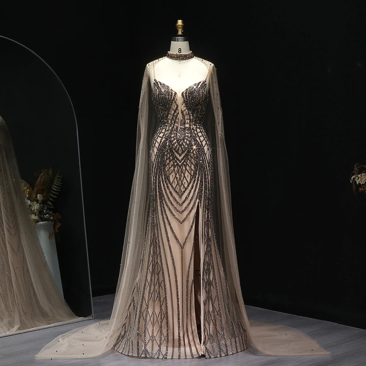 Glamorous Beaded Brown Gray Mermaid Gown with Sheer Cape SS055