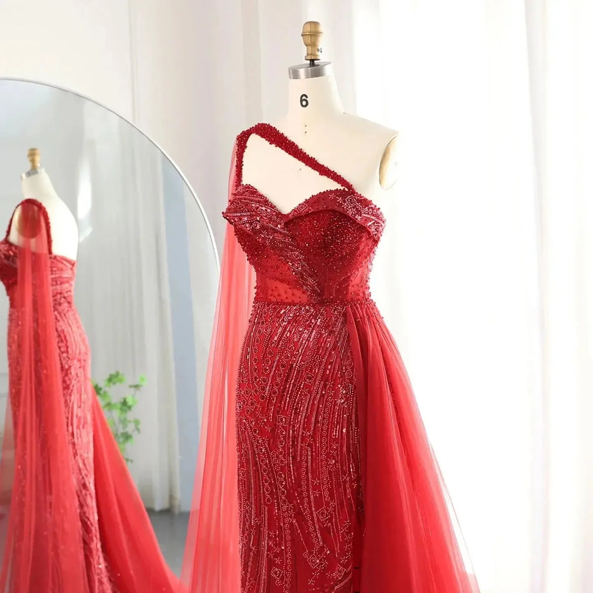 Burgundy One Shoulder Mermaid Evening Dresses with Cape Overskirt Women Wedding Party Long Prom Formal Gowns SS129