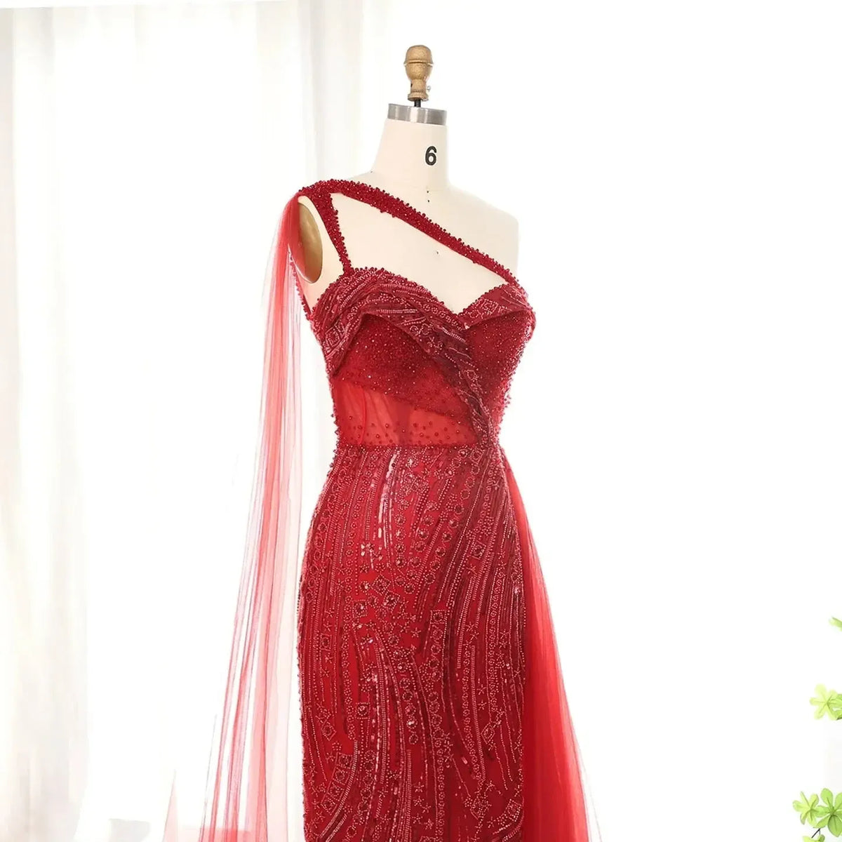 Burgundy One Shoulder Mermaid Evening Dresses with Cape Overskirt Women Wedding Party Long Prom Formal Gowns SS129