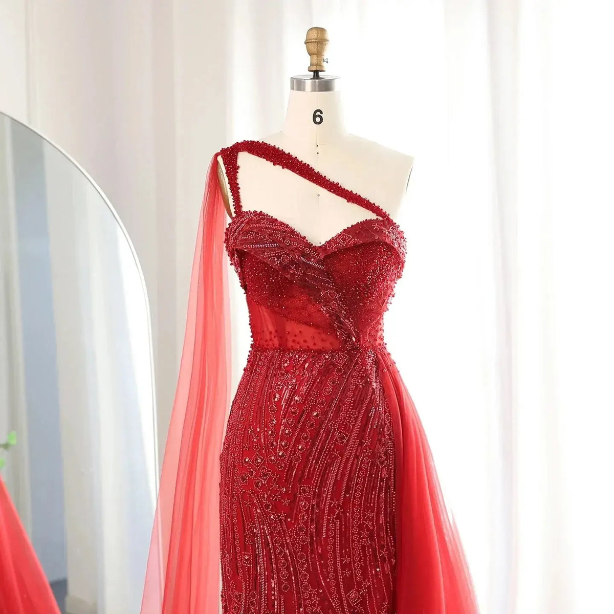 Burgundy One Shoulder Mermaid Evening Dresses with Cape Overskirt Women Wedding Party Long Prom Formal Gowns SS129