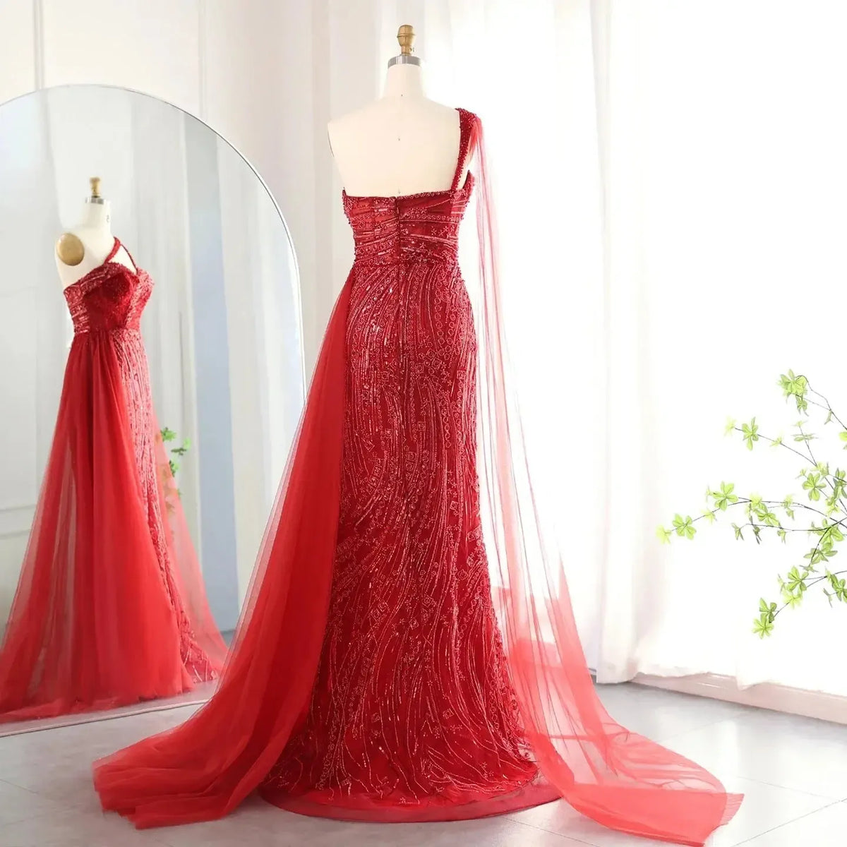 Burgundy One Shoulder Mermaid Evening Dresses with Cape Overskirt Women Wedding Party Long Prom Formal Gowns SS129