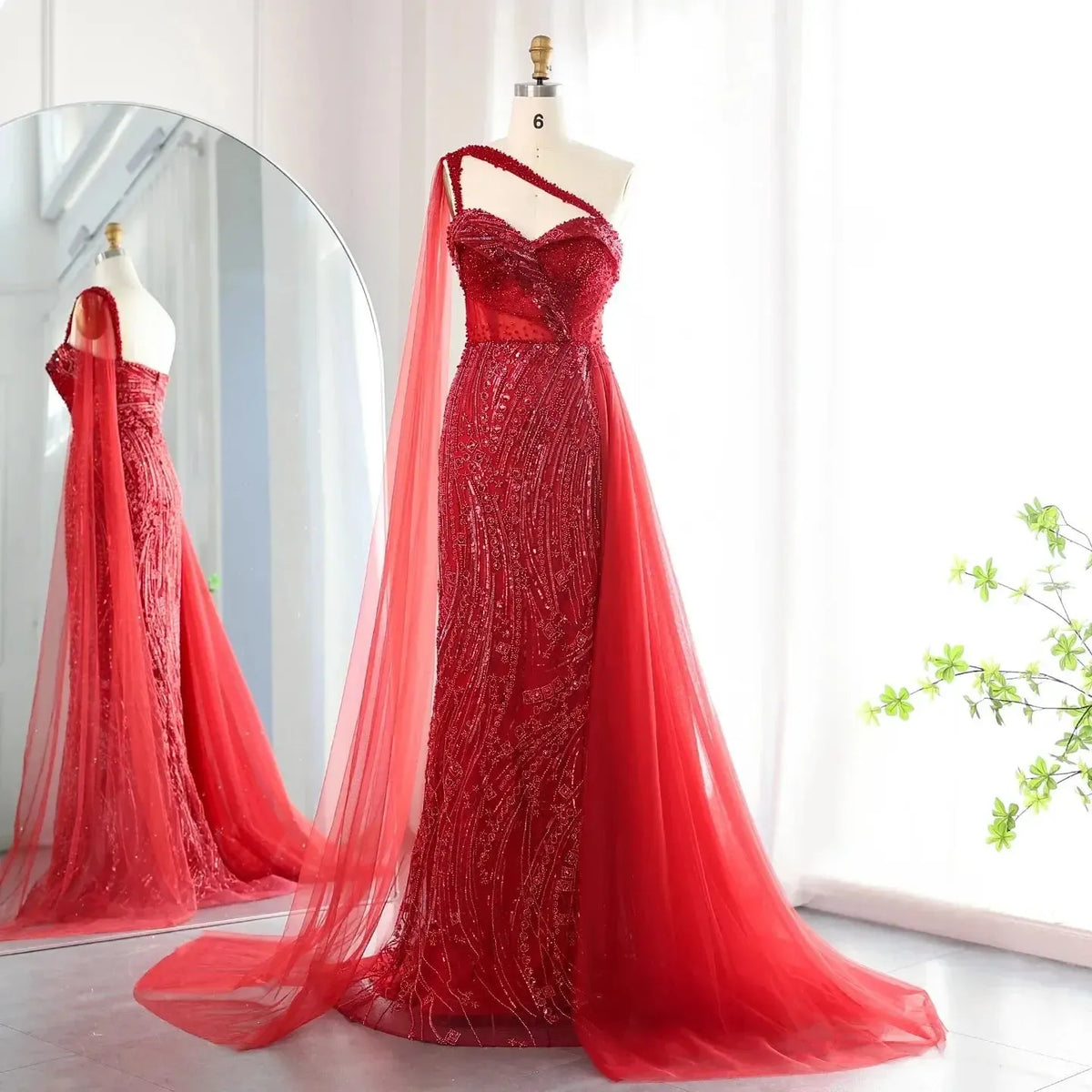 Burgundy One Shoulder Mermaid Evening Dresses with Cape Overskirt Women Wedding Party Long Prom Formal Gowns SS129