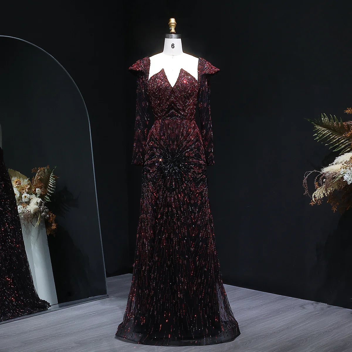 Luxury Wine Red Beaded Long Sleeve Formal Evening Dress SS091