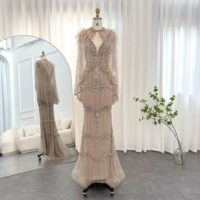 Champagne Mermaid Evening Dress with Feathers Shawl Cape Luxury Dubai Prom Dresses Long Graduation Formal Gown SS039