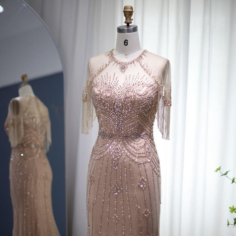Champagne Tassel Mermaid Evening Dresses 2023 Luxury Dubai Long Formal Prom Dress for Women Wedding Party Gown SS136