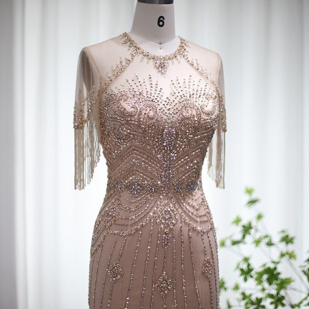 Champagne Tassel Mermaid Evening Dresses 2023 Luxury Dubai Long Formal Prom Dress for Women Wedding Party Gown SS136