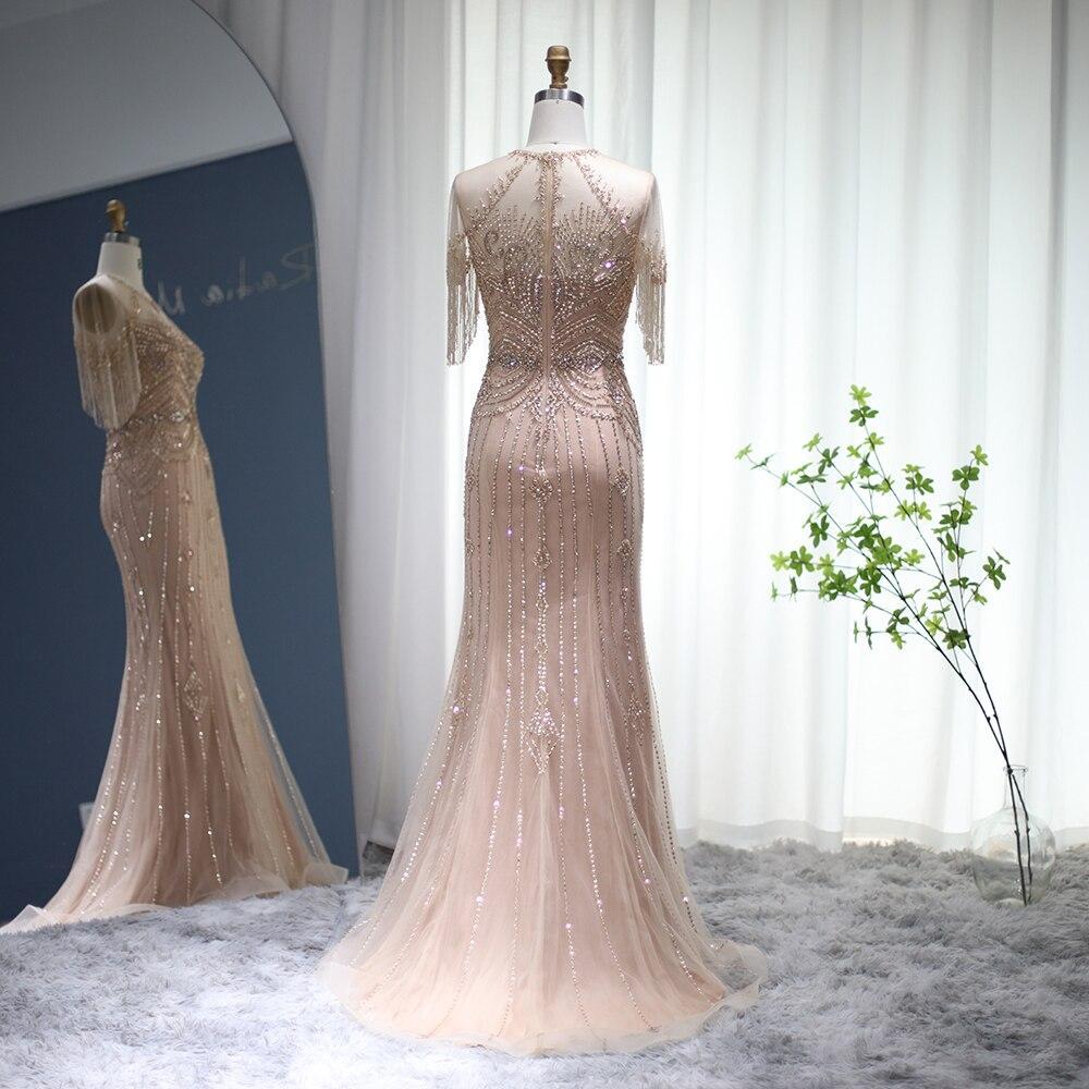 Champagne Tassel Mermaid Evening Dresses 2023 Luxury Dubai Long Formal Prom Dress for Women Wedding Party Gown SS136