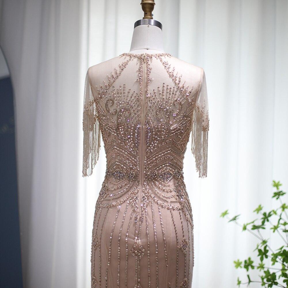 Champagne Tassel Mermaid Evening Dresses 2023 Luxury Dubai Long Formal Prom Dress for Women Wedding Party Gown SS136