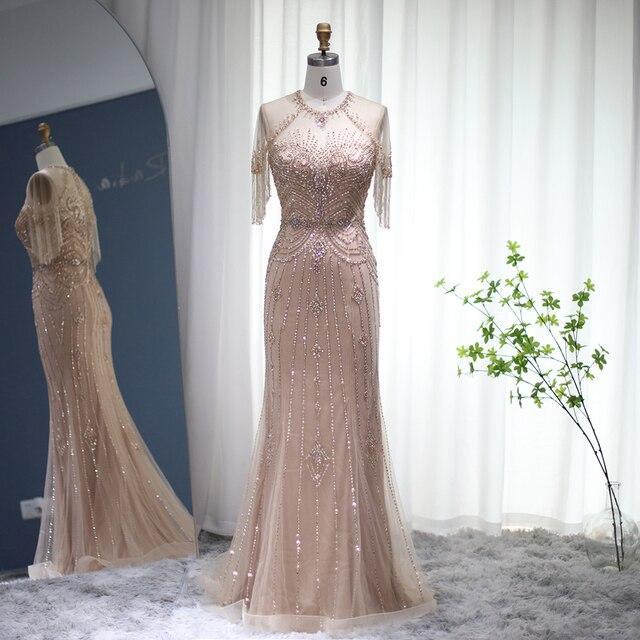 Champagne Tassel Mermaid Evening Dresses 2023 Luxury Dubai Long Formal Prom Dress for Women Wedding Party Gown SS136