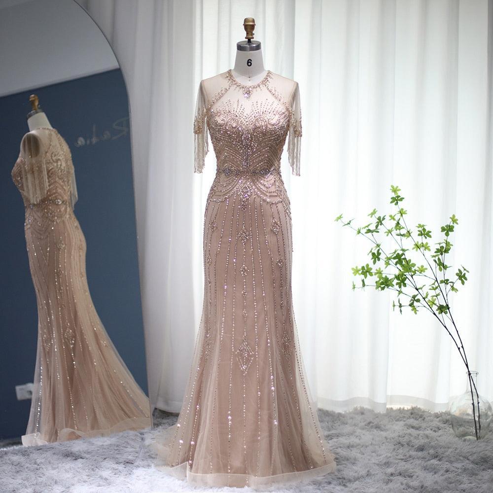 Champagne Tassel Mermaid Evening Dresses 2023 Luxury Dubai Long Formal Prom Dress for Women Wedding Party Gown SS136