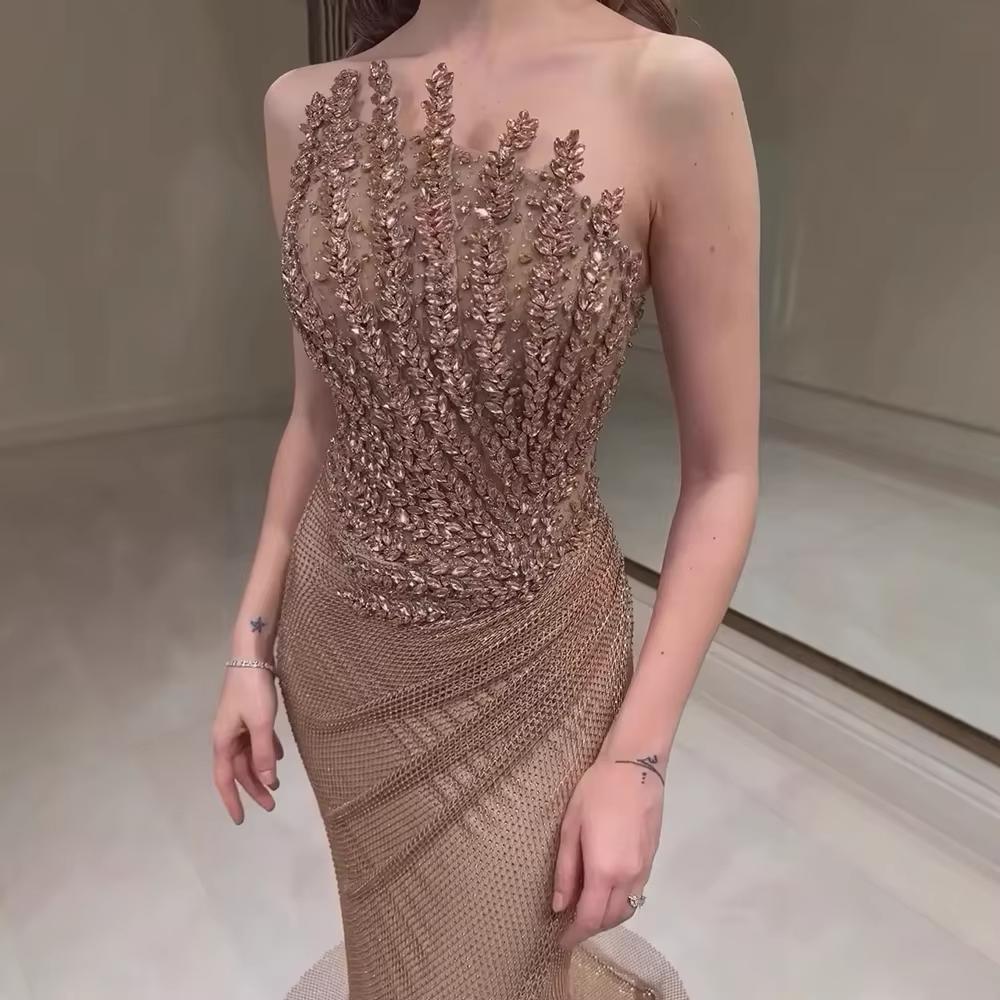 Sparkly Crystal Mermaid Evening Dress Dubai Luxury Caramel SS528
